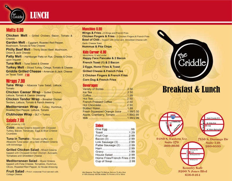 The Griddle Menu, Menu for The Griddle, Silverado Ranch, Las Vegas