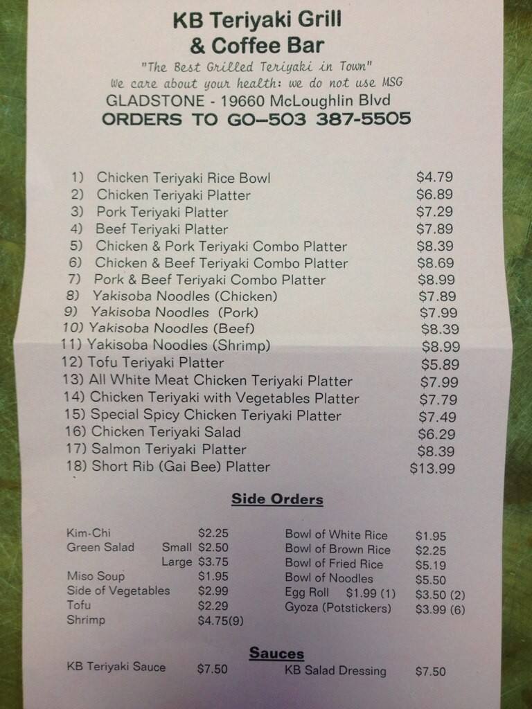 KB Teriyaki Grill Menu, Menu for KB Teriyaki Grill, Gladstone