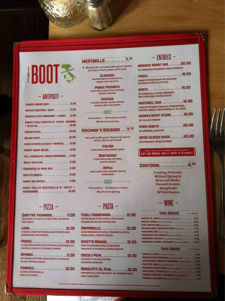 The Boot Menu, Menu for The Boot, Westport, Kansas City, Missouri