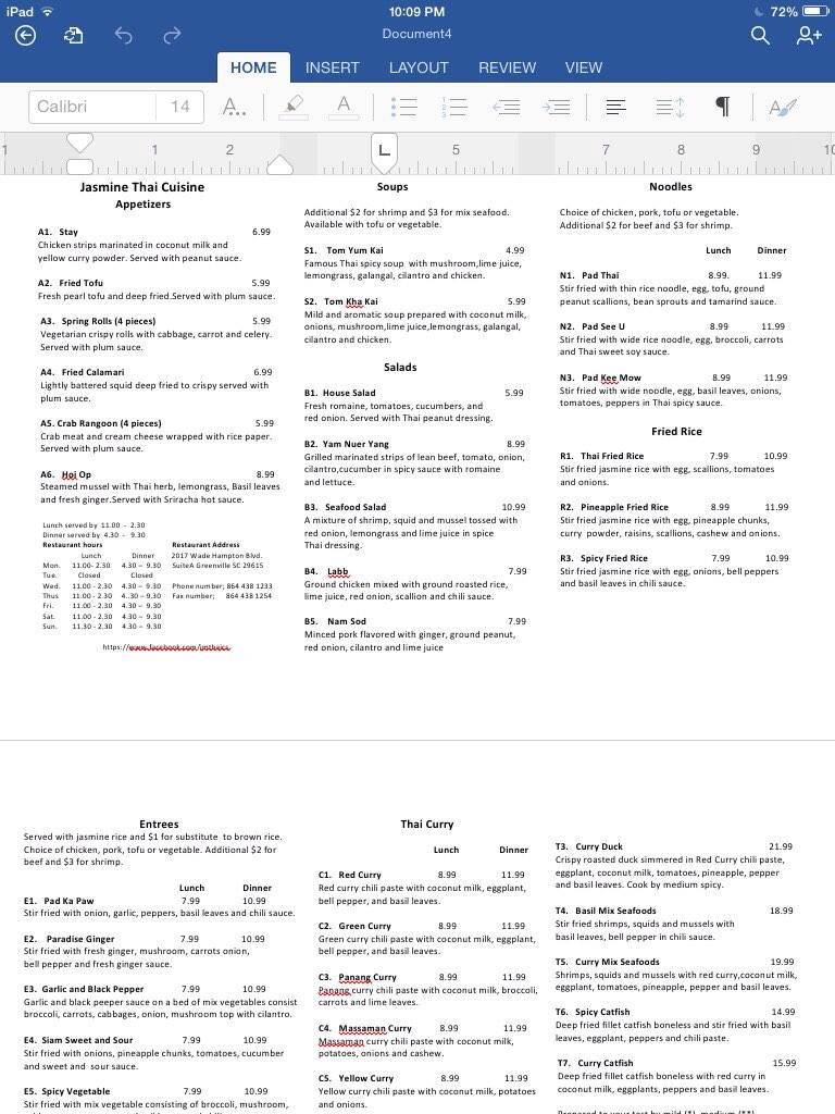 Jasmine Thai Cuisine Menu, Menu for Jasmine Thai Cuisine, Greenville