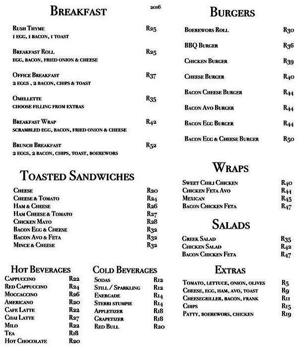 High Thyme Cafe Menu, Menu for High Thyme Cafe, Lynnwood, Pretoria