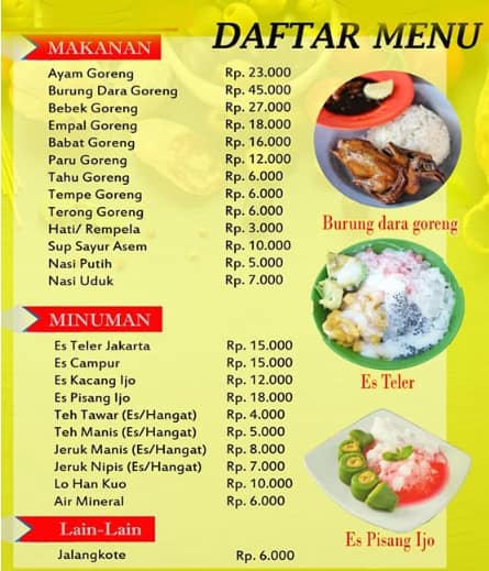 Menu at Ayam Goreng Jakarta Asli Tidar restaurant, West Jakarta