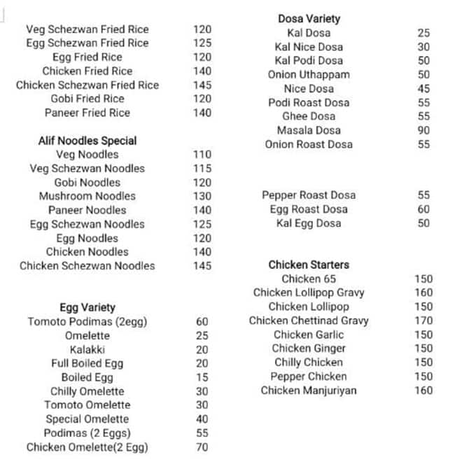 Menu of Alif Hot Kitchen, Tambaram, Chennai