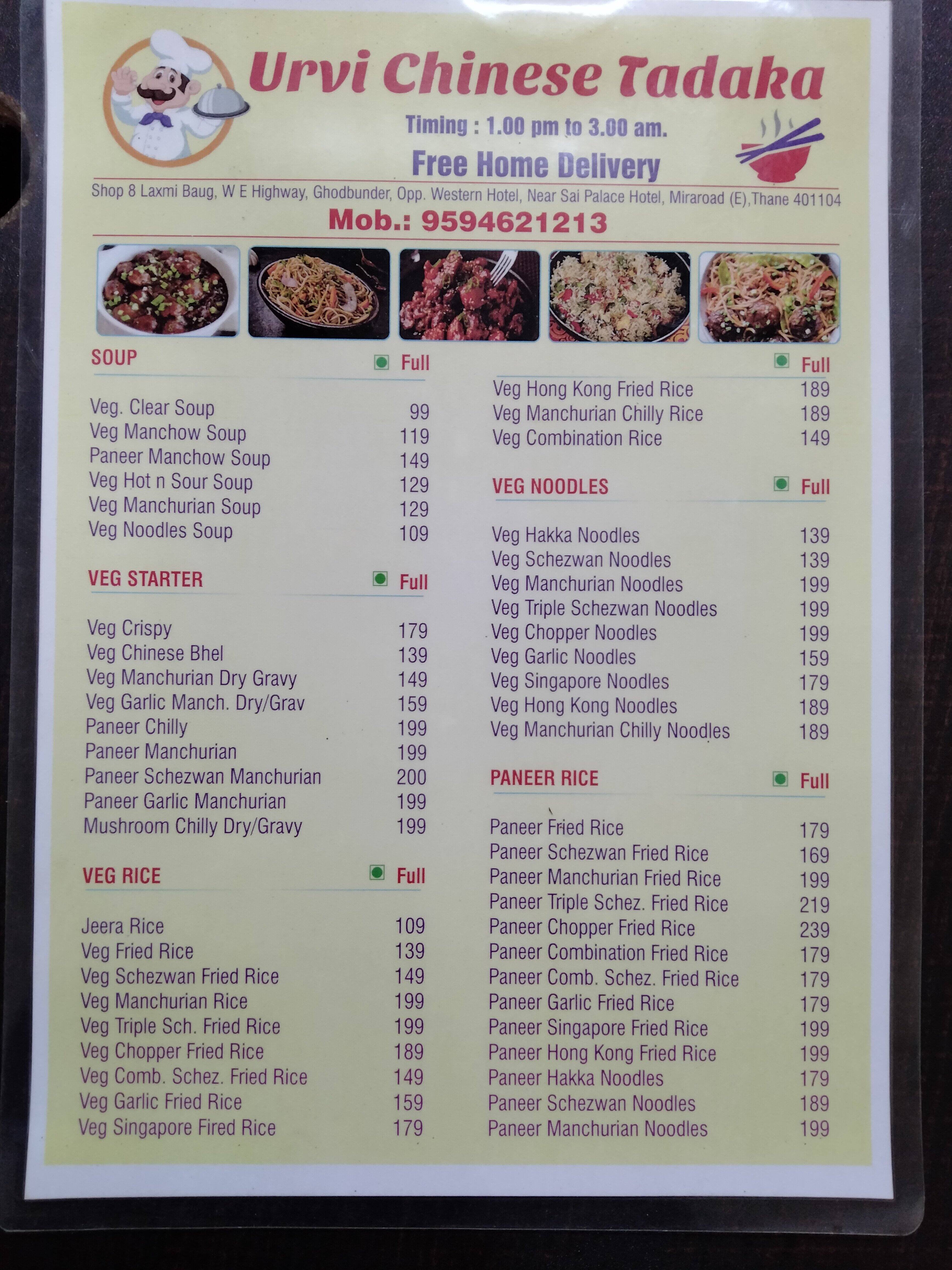 Menu of Urvi Chinese Tadaka, Mira Road, Mumbai