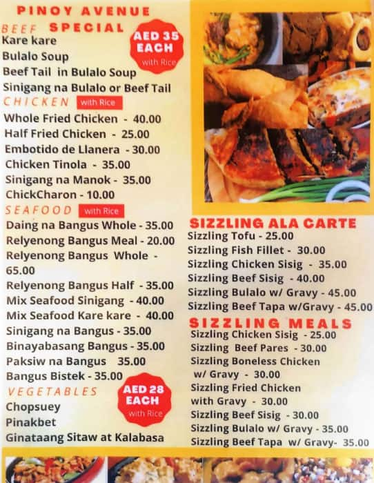 Menu at Pinoy Avenue Restaurant, Abu Dhabi