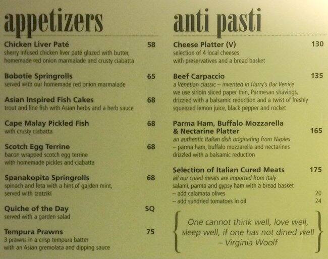 Menu at Café Franschhoek restaurant, Franschhoek