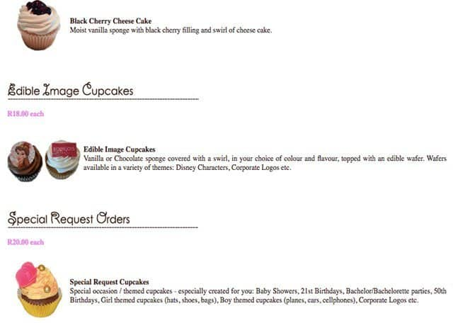 Menu at Cupcake Boutique cafe, Sandton