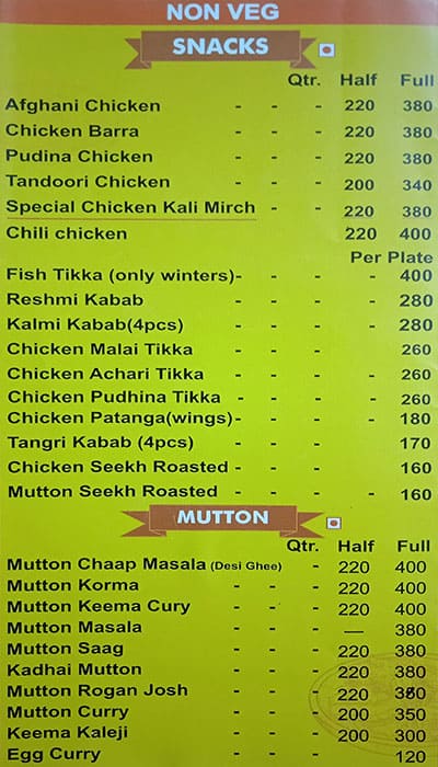 Menu Of Prem Dhaba Karol Bagh New Delhi