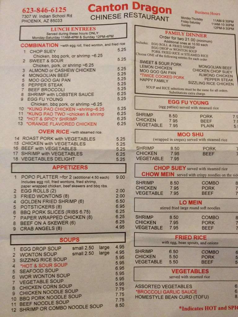 Canton Dragon Menu, Menu for Canton Dragon, Maryvale, Phoenix