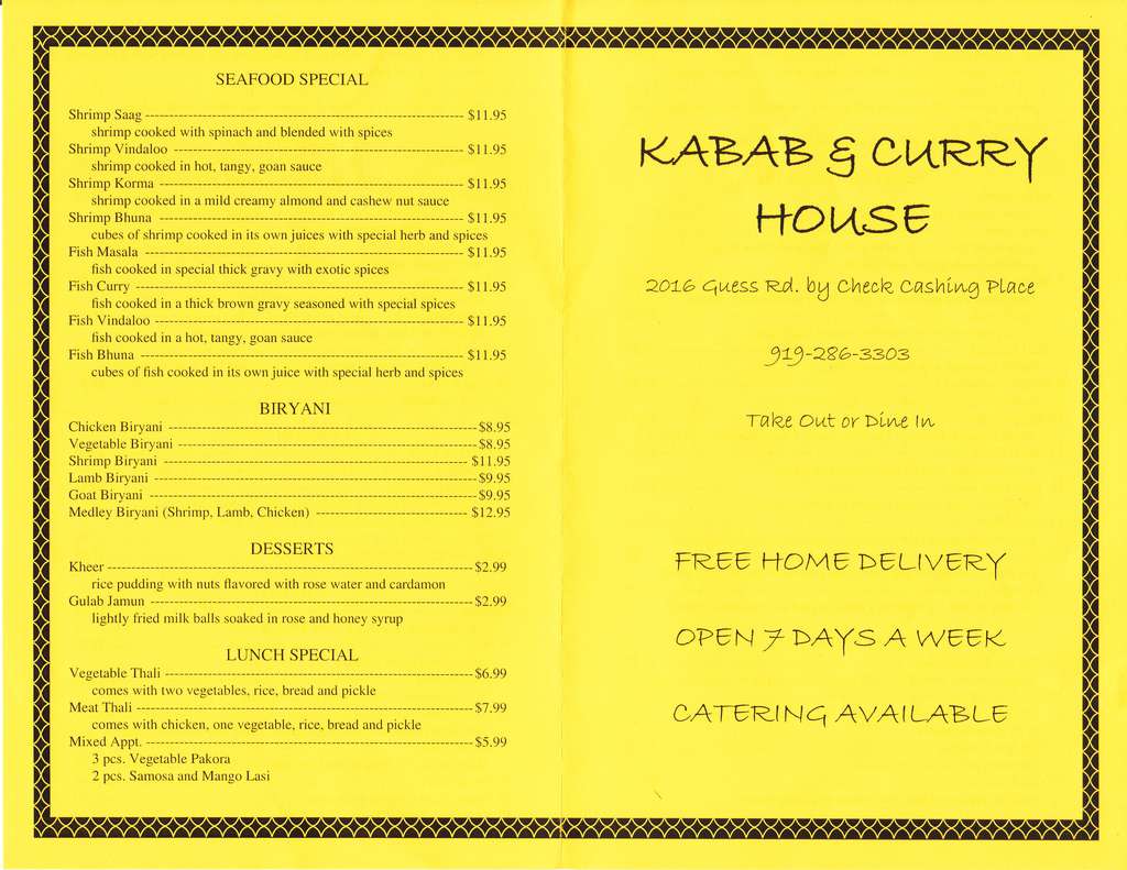 Kabab and Curry House Menu, Menu for Kabab and Curry House, North