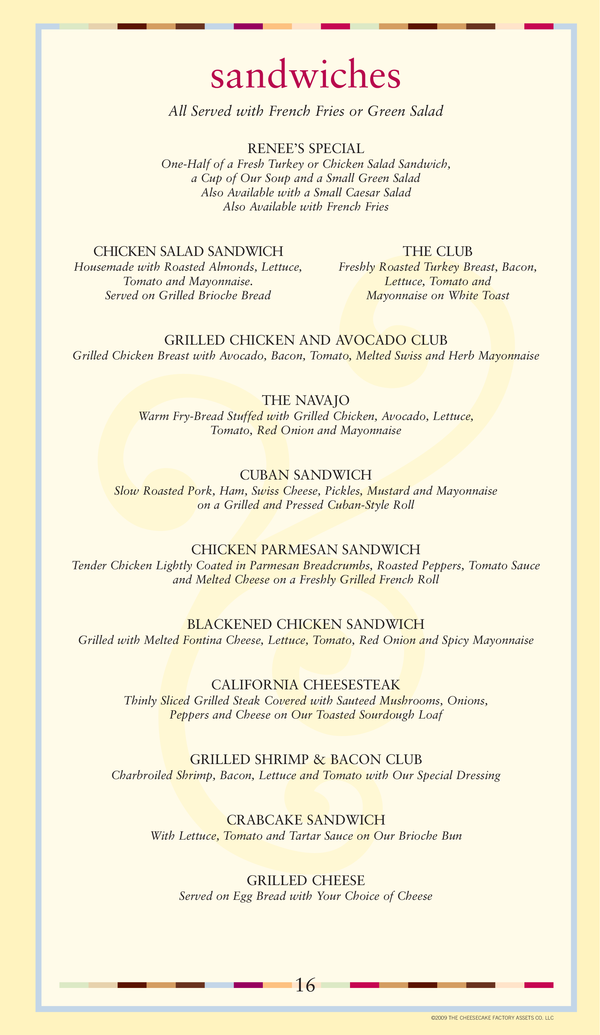 Menu At The Cheesecake Factory Desserts Baltimore 201 E Pratt St