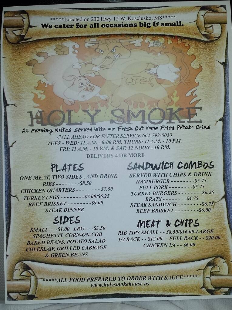 Holy Smoke Smokehouse Menu, Menu for Holy Smoke Smokehouse, Kosciusko