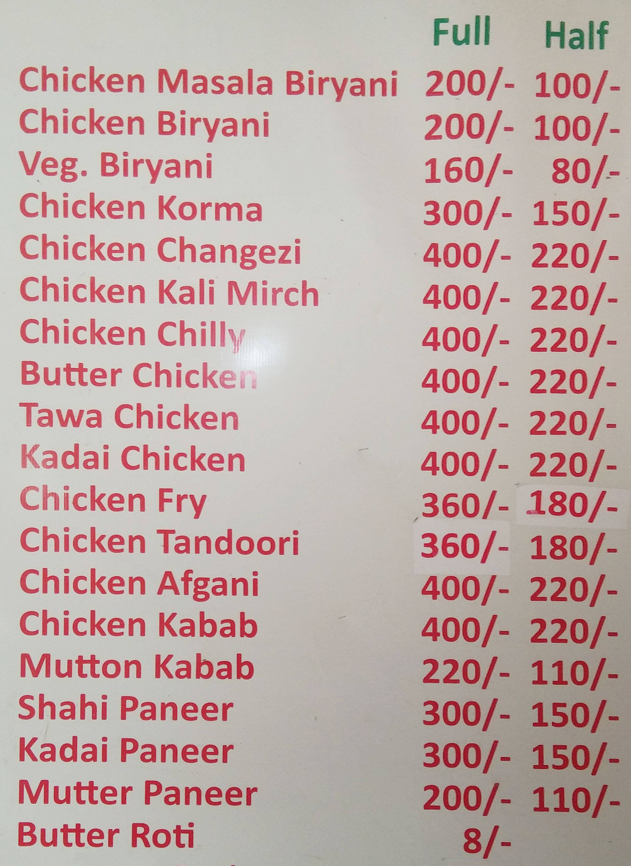 Menu Of AL Nawab Chicken Corner Sector 40 Gurgaon