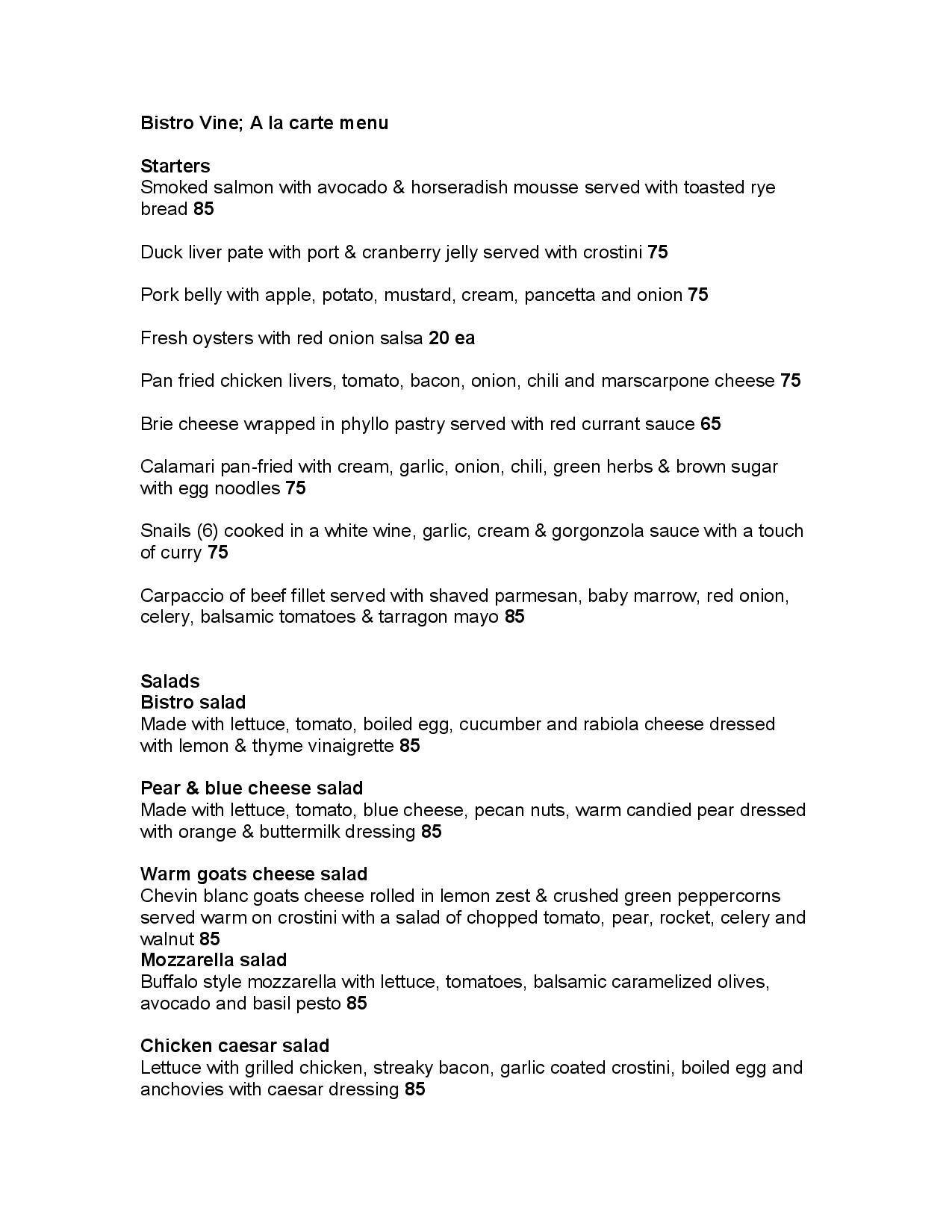 Bistro Vine Menu, Menu podniku Bistro Vine, Parkhurst, Johannesburg