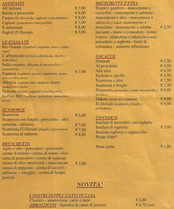 Menu di El Dorado 