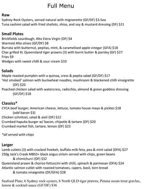 canberra yacht club lunch menu