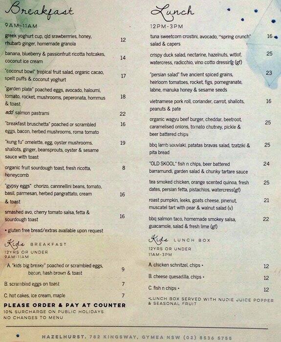 Hazelhurst Cafe Menu, Menu untuk Hazelhurst Cafe, Gymea, Sydney Urbanspoon/Zomato