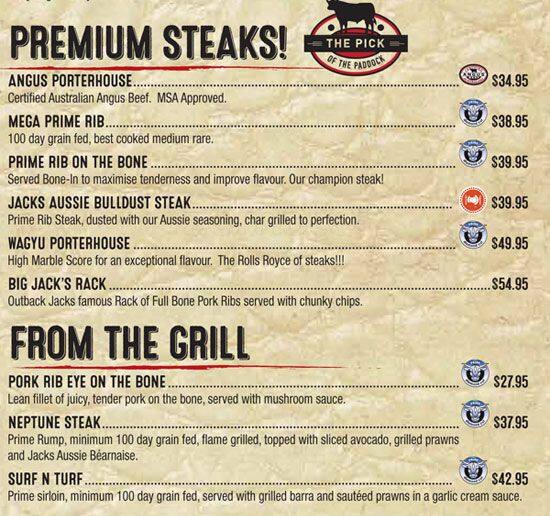 Outback Jacks меню