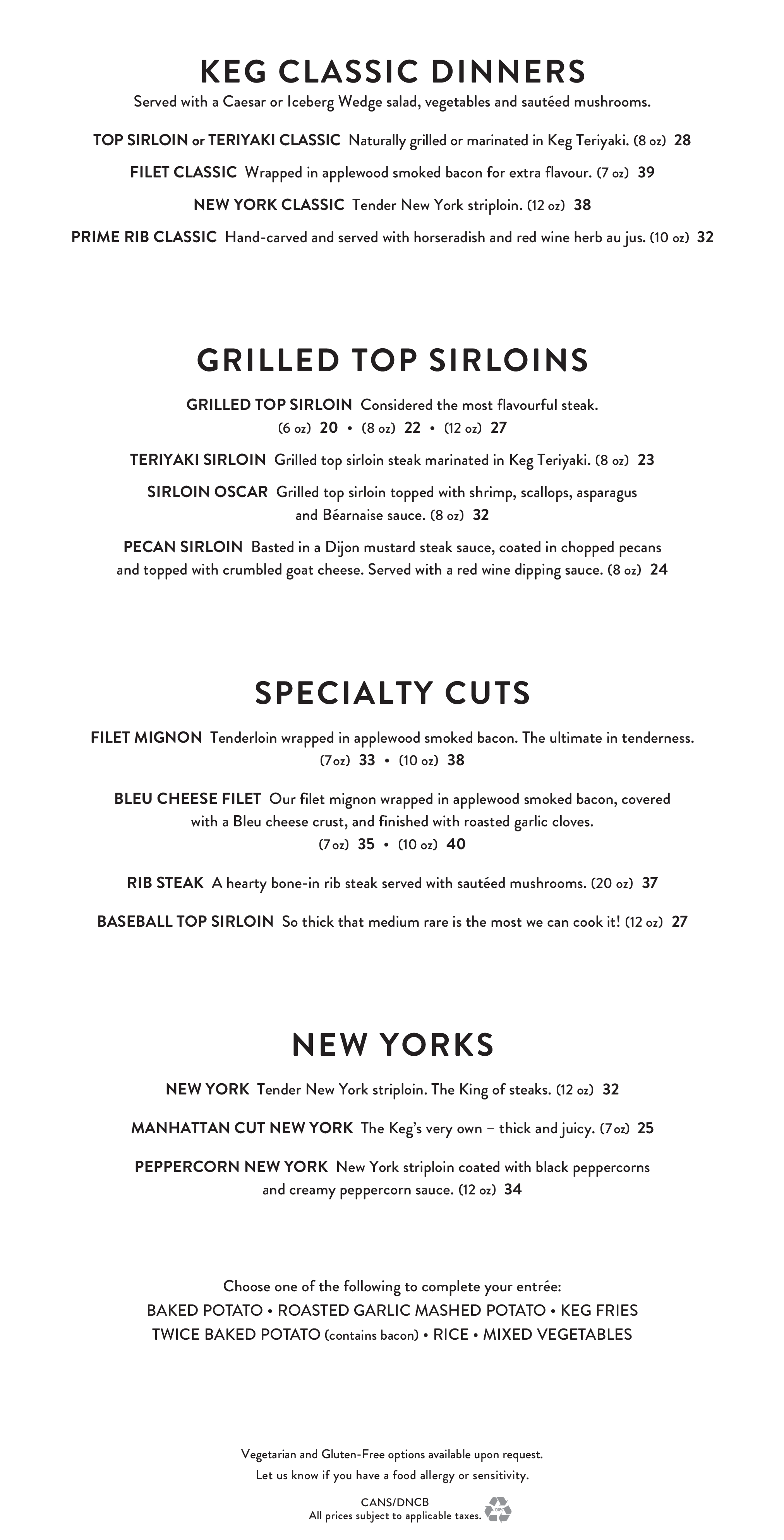 Carta de The Keg Steakhouse + Bar Skyview, Edmonton, 137 Ave NW