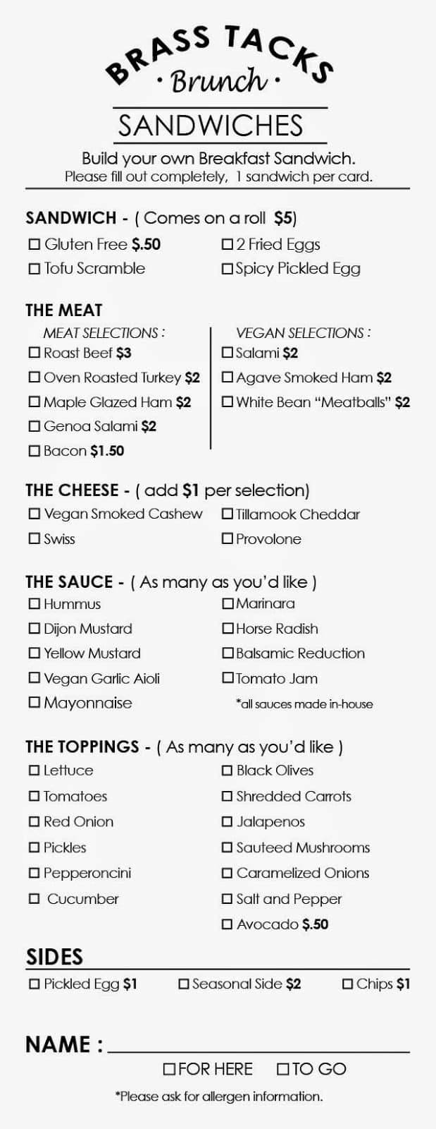 Brass Tacks Sandwiches Menu,Menú para Brass Tacks Sandwiches, Boise