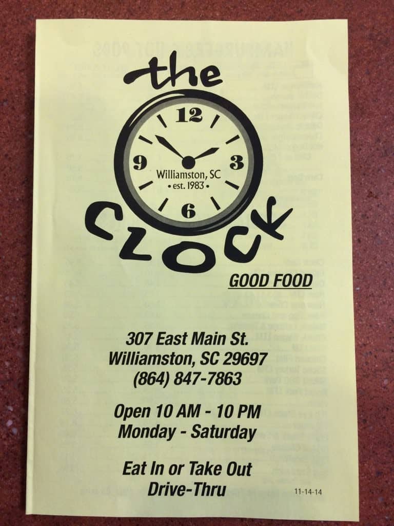 Menu at Clock restaurant, Williamston