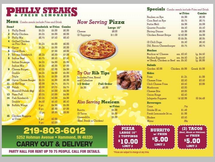 Philly Steak Menu, Menu for Philly Steak, Hammond, Hammond Urbanspoon