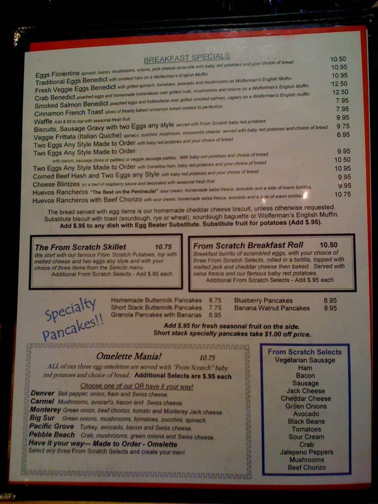 From Scratch Restaurant Menu Menu For From Scratch Restaurant Carmel Monterey Bay