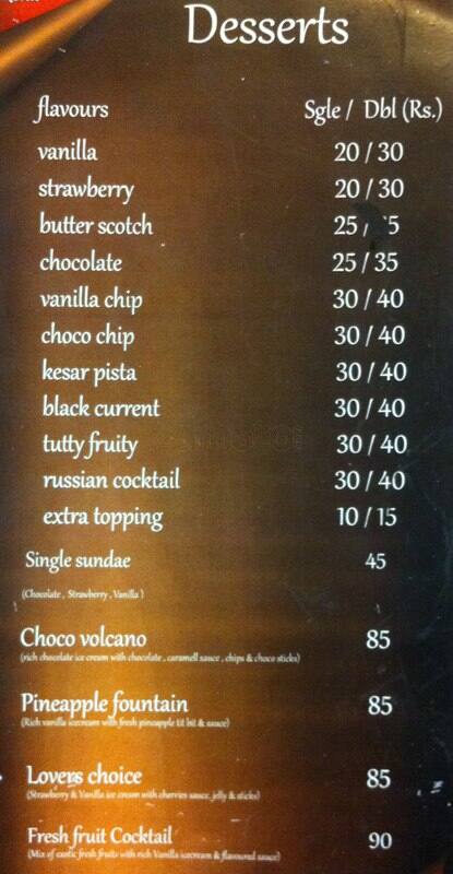 Menu at Tulip Cafe, Lucknow