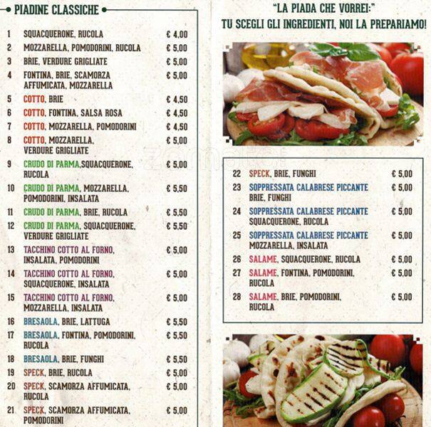 La Piada di una Volta Menu, Menu de La Piada di una Volta, Missori