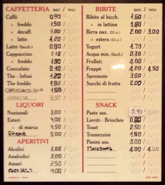 Menu di Bar Pasticceria Moroni Tabacchi 