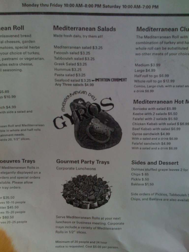 Mediterranean Deli Menu, Menu for Mediterranean Deli, North, Orlando
