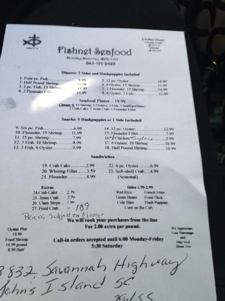 Menu at Seafood restaurant, Johns Island