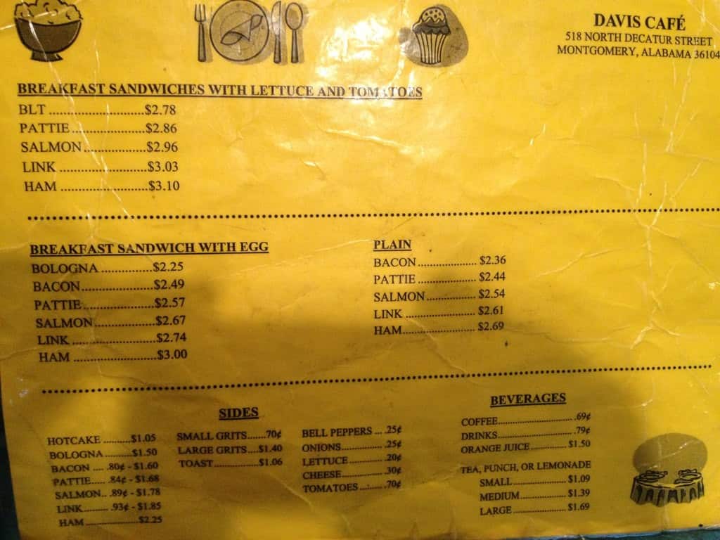 Davis Cafe Menu, Menu for Davis Cafe, Montgomery, Montgomery