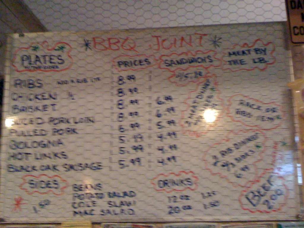 BarBQ Joint Menu, Menu for BarBQ Joint, Pond Creek, Pond Creek