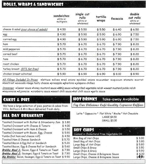 Coppertop Snack Bar Menu, Menu for Coppertop Snack Bar, Mawson Lakes