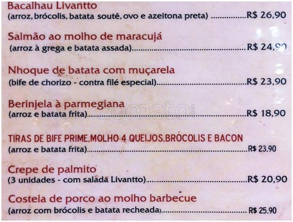 Livantto Restaurante cardápio