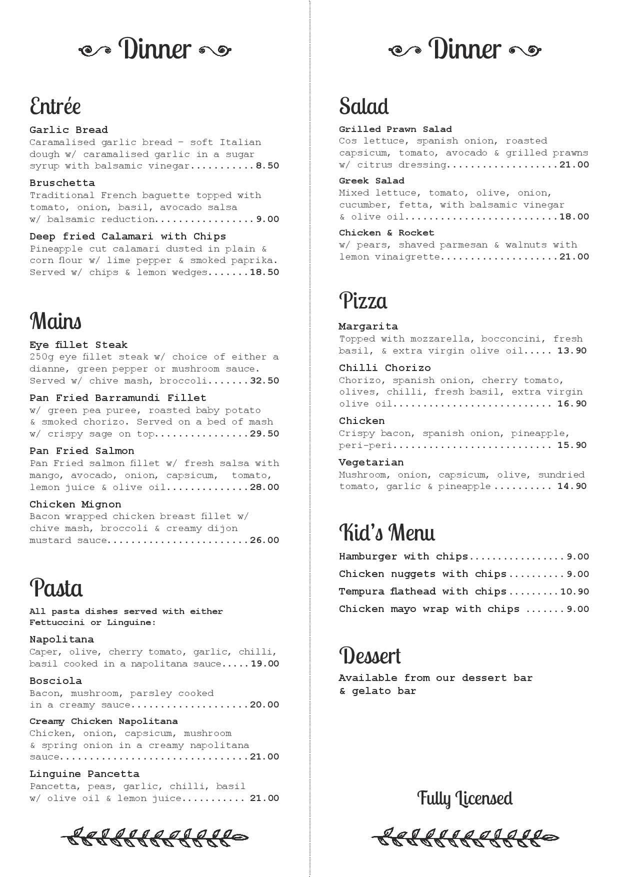 Z Bar And Restaurant Menu, Menu for Z Bar And Restaurant, Collaroy