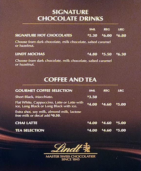 Lindt chocolate cafe menu