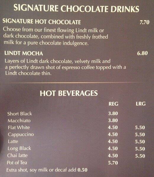 Lindt chocolate cafe menu