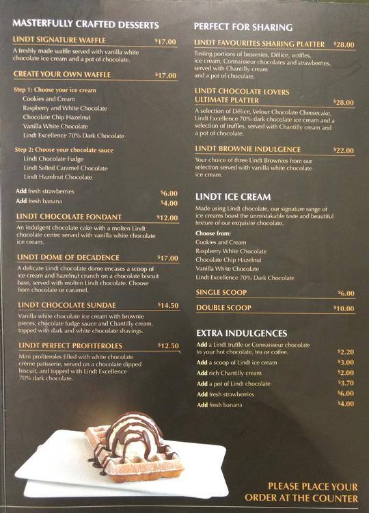 Menu At Lindt Chocolate Cafe Melbourne Shop E1 271 Collins St