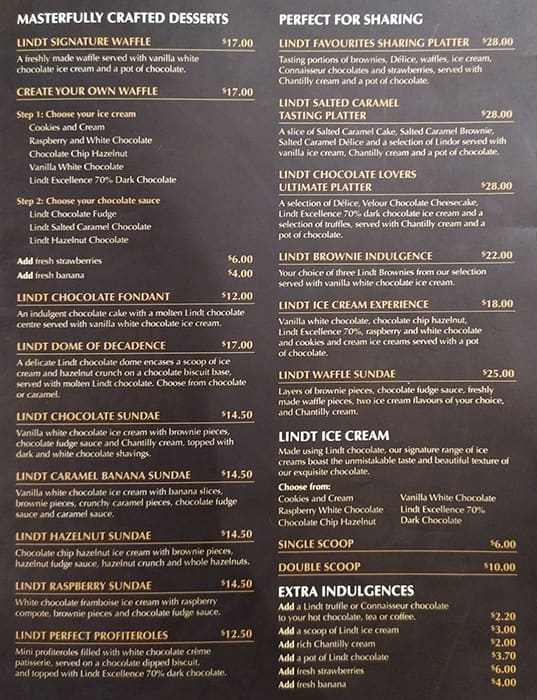 Lindt Chocolate Cafe Menu Menu For Lindt Chocolate Cafe Chadstone Melbourne