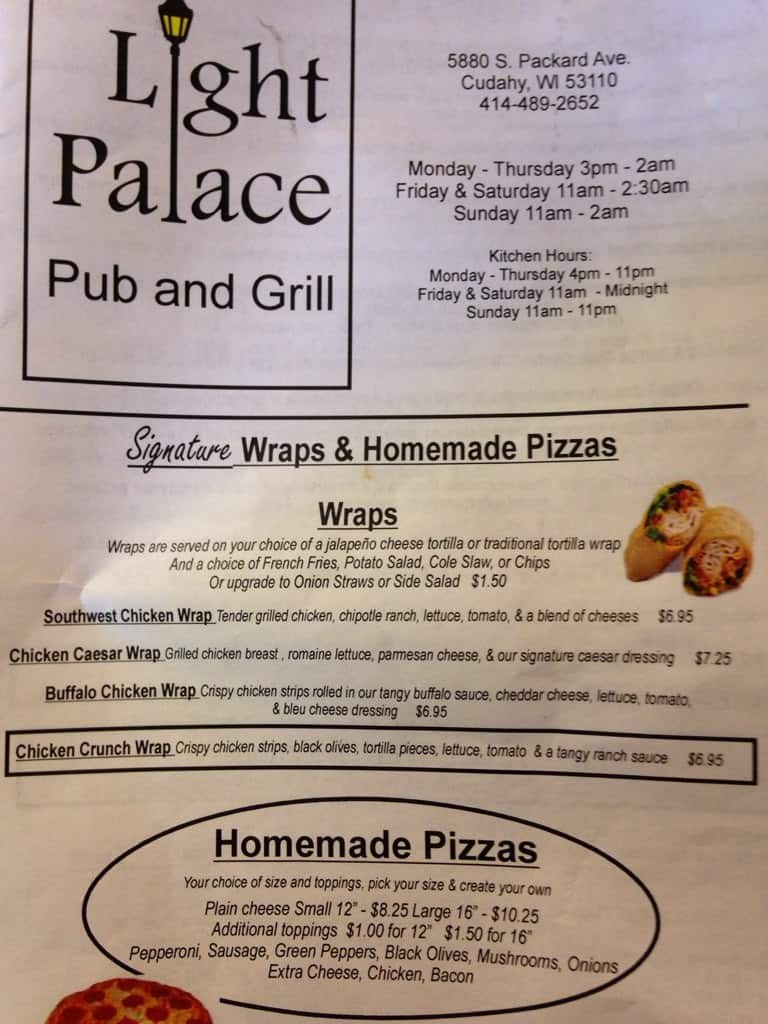Menu at Light Palace pub & bar, Cudahy, S Packard Ave