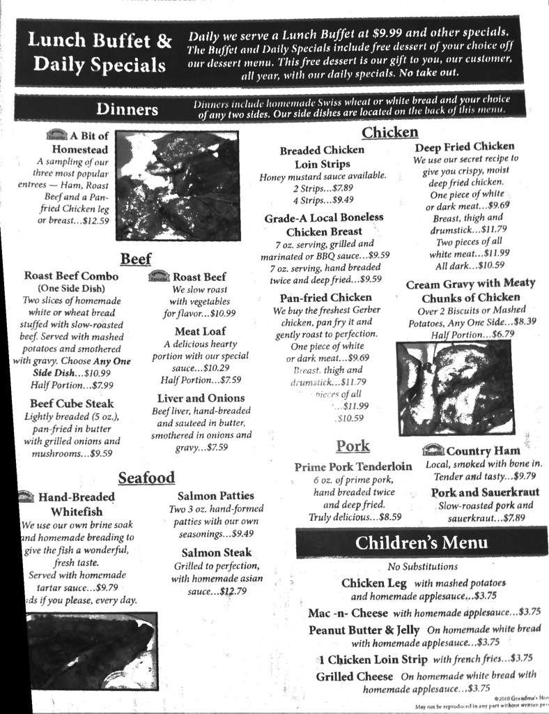 Menu at Grandma's Homestead Restaurant, Charm