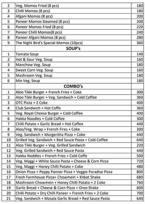 The Night bird cafe menu