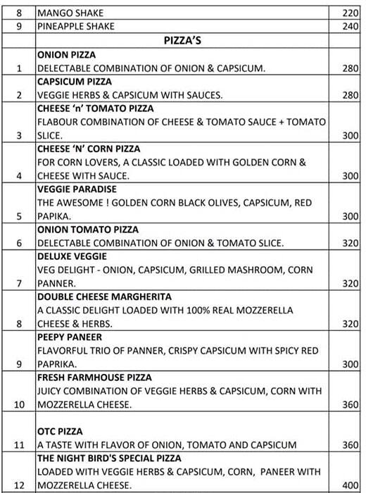 The Night bird cafe menu