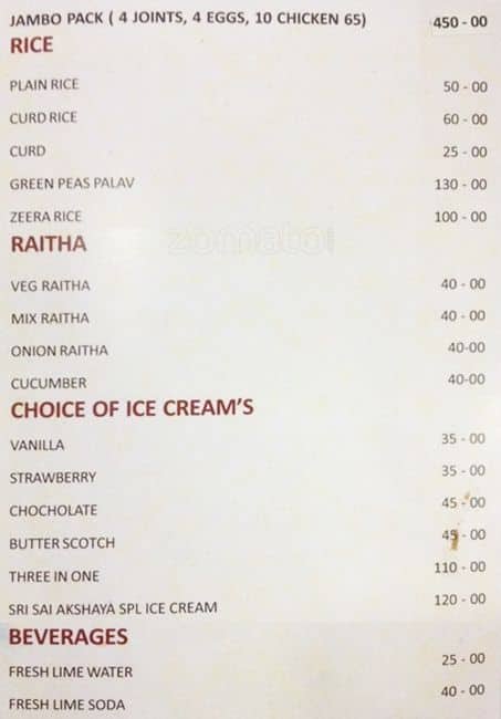 Sri Sai Akshaya Bawarchi menu