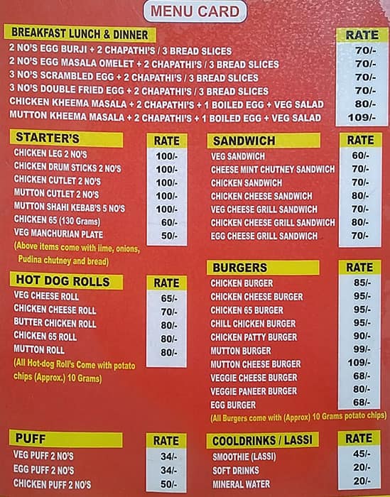 Universal Bakers menu