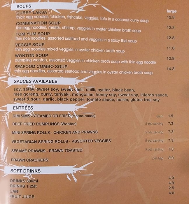 Menu at Noodle Hut fast food, Craigieburn