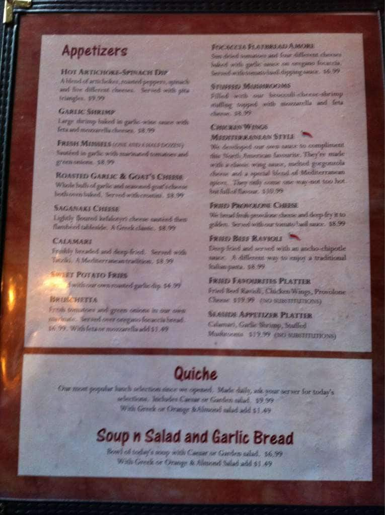 Menu at Cafe Amore, St. Catharines