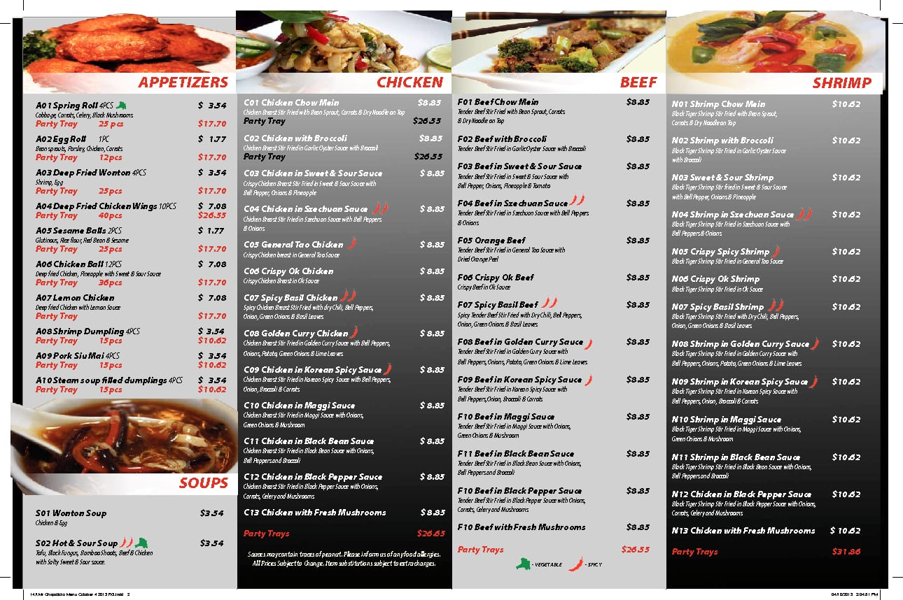 Menu at Mr. Chopsticks restaurant, Ottawa